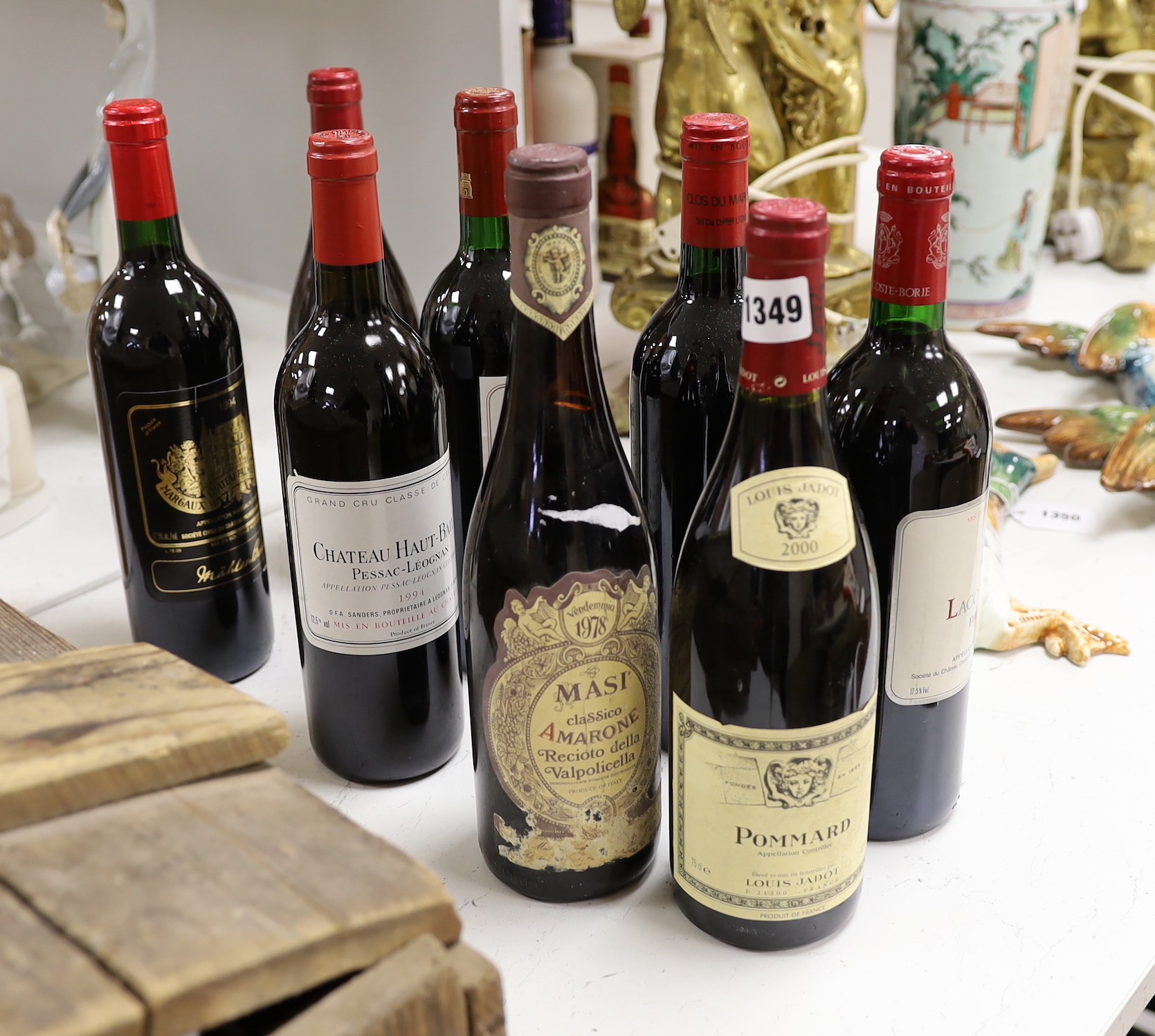 8 bottles of various red wines - Lacoste-Borie Pauillac 1990, Louis Jadot Pommard 2000, Clos Du Marquis Saint-Julien 1985, Masi Amarone 1978, Chateau Haut Bailly 1994, Les Forts De Latour 1990, Bourgogne 2002 and Mähler-